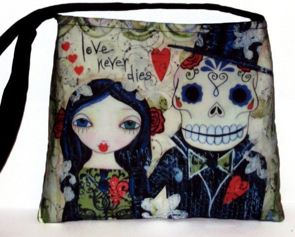 Love Never Dies Skeleton Goth Cute Art, Lisa Ferrante Artwork, Cross Body Essentials Handbag