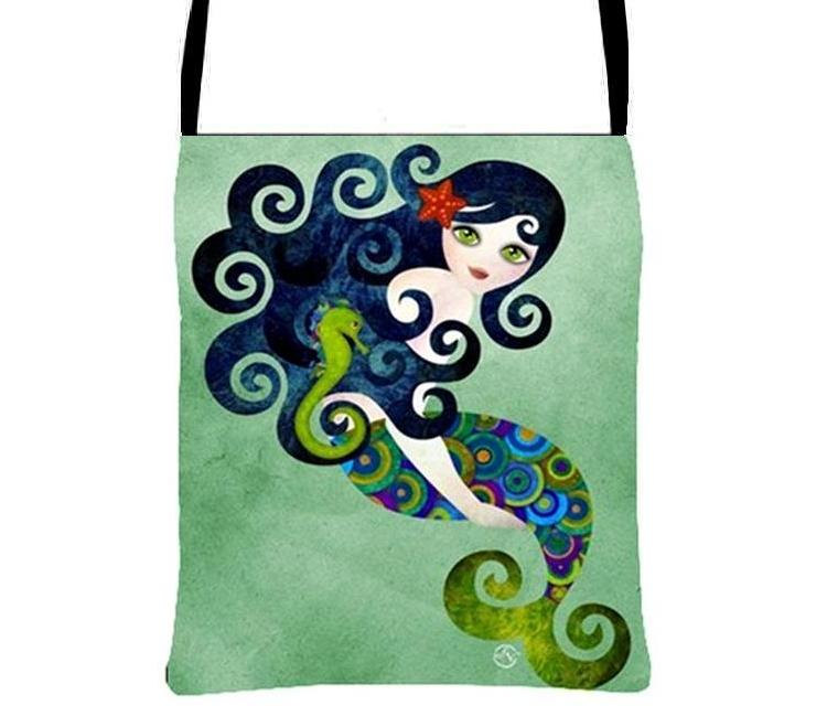 Aquamarine Cute Mermaid Cross Body Essentials Handbag Fantasy Art Purse, Sandra Vargas Artwork
